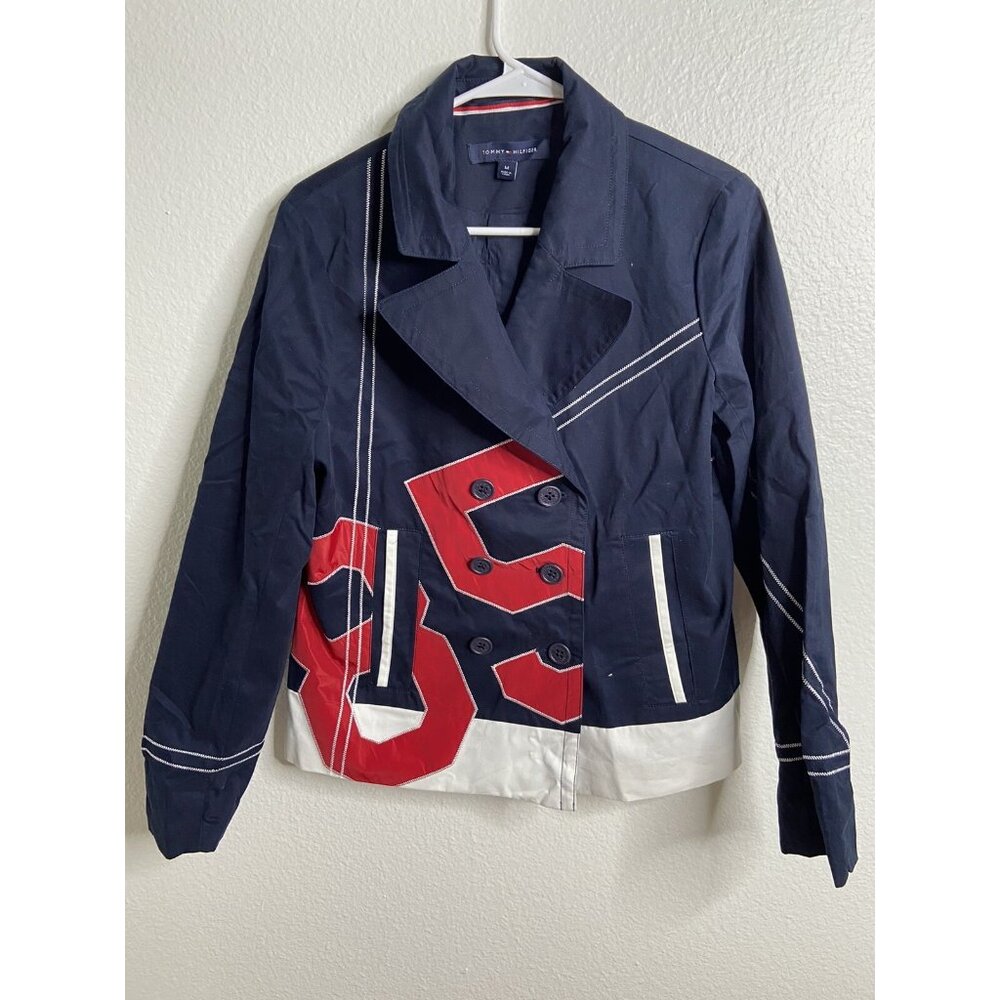 Rare TOMMY HILFIGER Jacket Blazer Pea Coat BIG BLOCK 85 Spell Out Logo Sz M